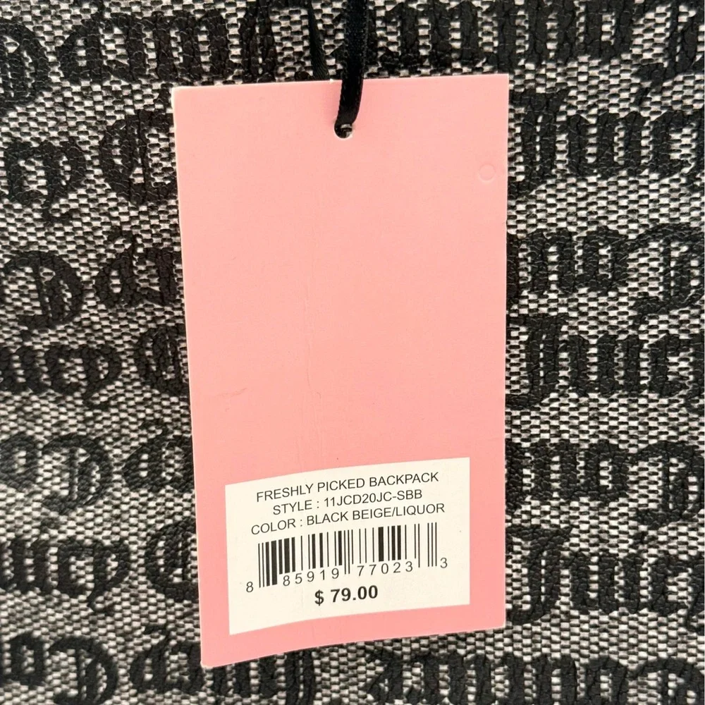 Juicy Couture Freshly Picked Backpack Black Beige Gothic Logo Strawberry Charm